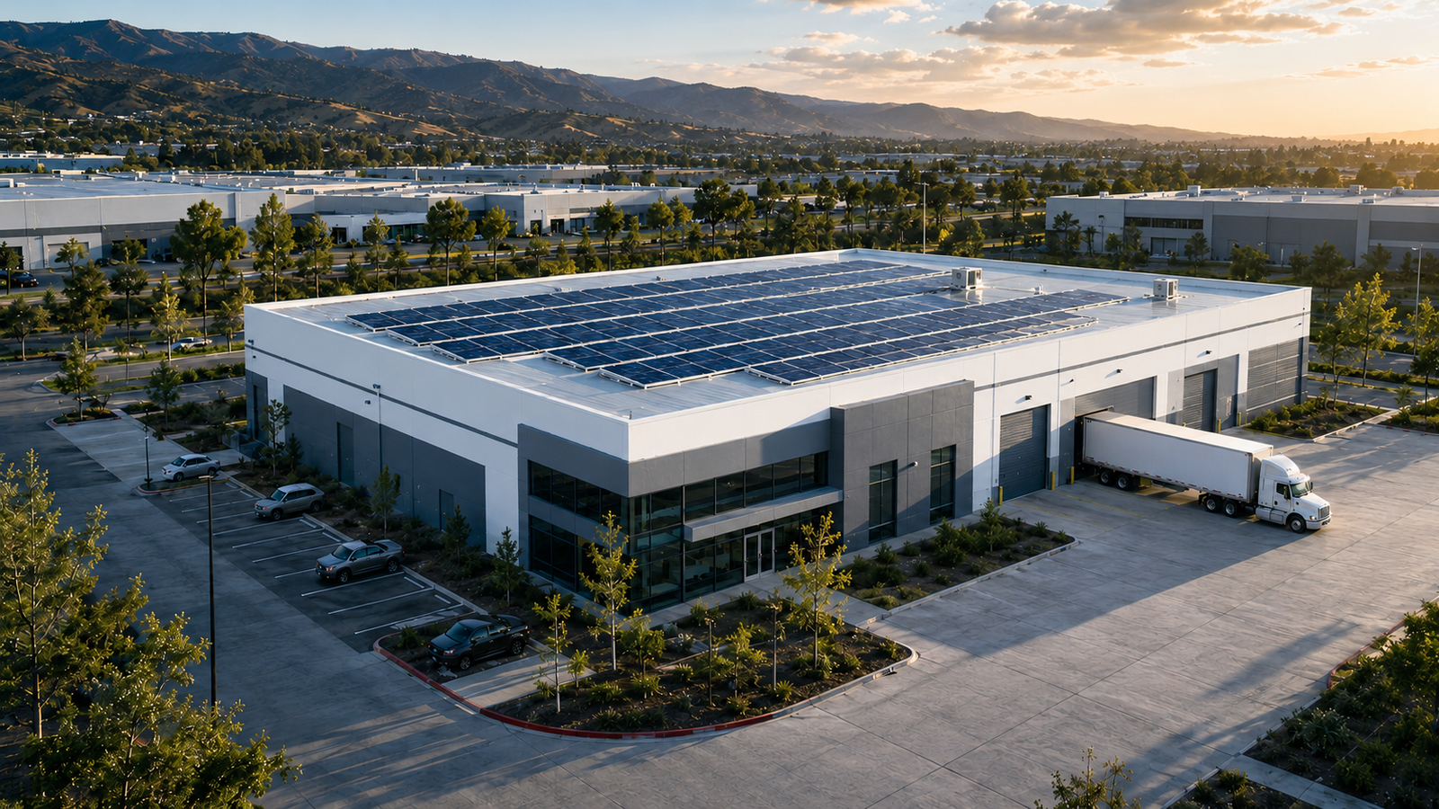 Modern industrial warehouse with rooftop solar panels, loading docks, parked trucks, landscaped grounds, and mountains in the background.