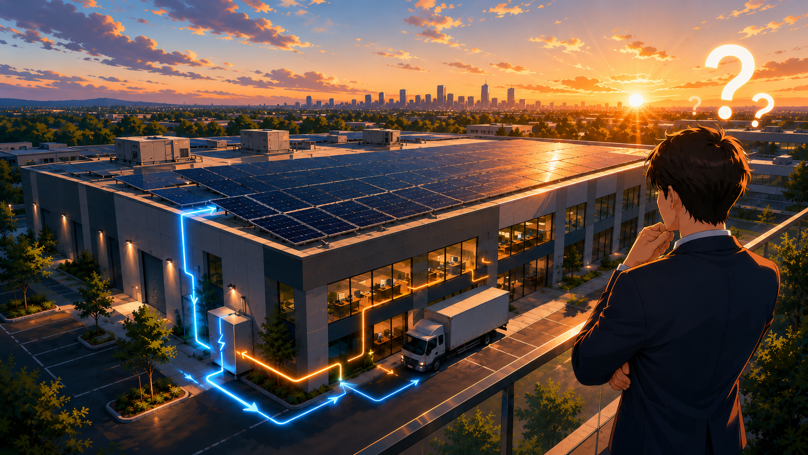 Business professional overlooking a commercial building with rooftop solar panels, glowing energy pathways, and question marks representing solar energy FAQs.