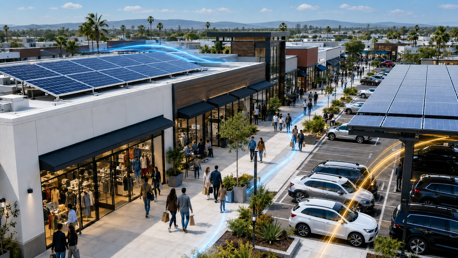 Retail shopping center with rooftop solar panels and solar carports