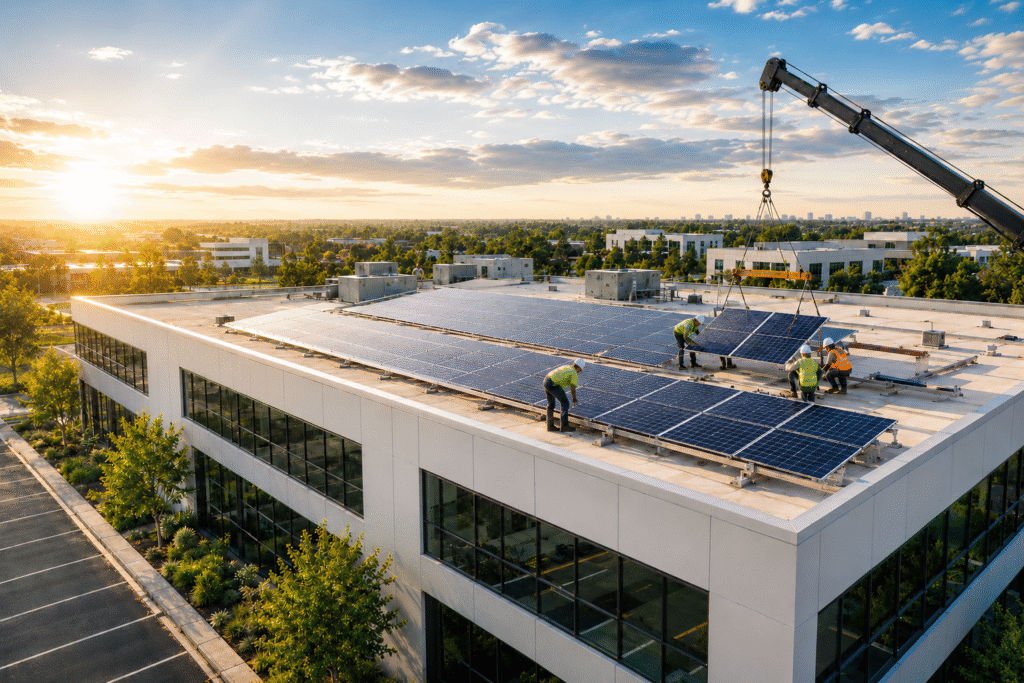 What Happens During a Commercial Solar Installation? Commercial solar installation crew installing rooftop solar panels on a modern office building at golden hour with a crane lifting panels into place.