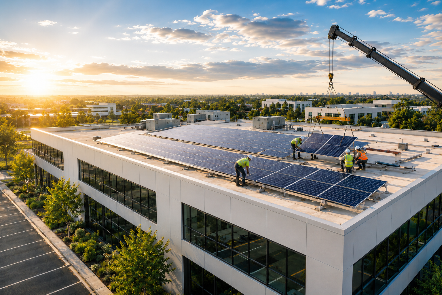 Commercial solar installation crew installing rooftop solar panels on a modern office building at golden hour with a crane lifting panels into place.