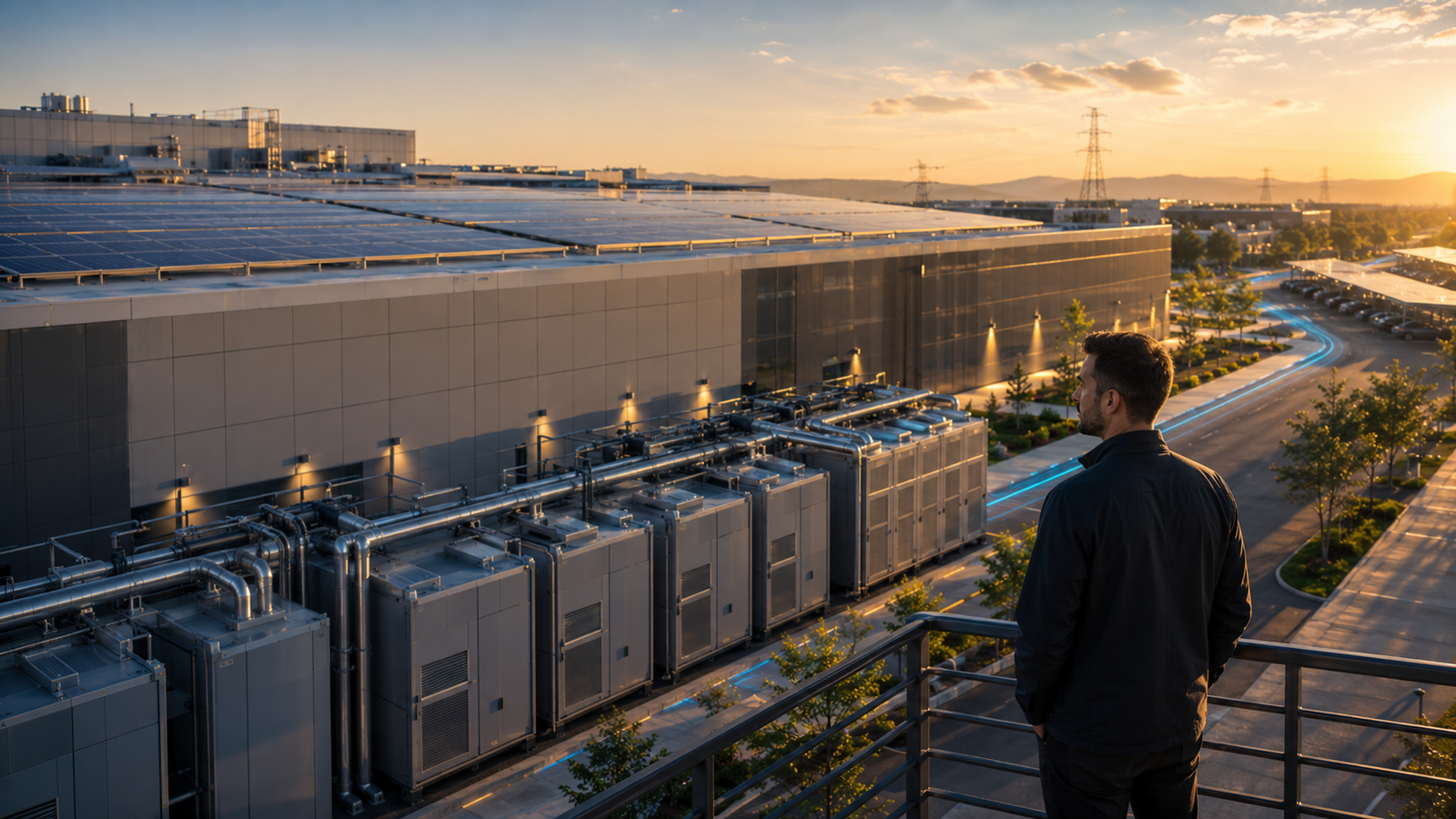 A modern outdoor retail shopping center at golden hour featuring rooftop solar panels and solar carports over the parking area. Shoppers walk along storefronts while subtle blue and gold energy light trails highlight clean power flowing through the commercial property.