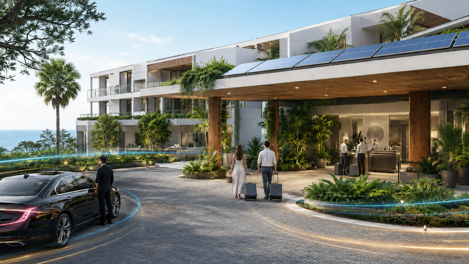 Modern hotel resort entrance with rooftop solar panels, lush landscaping, and a bright daytime atmosphere.