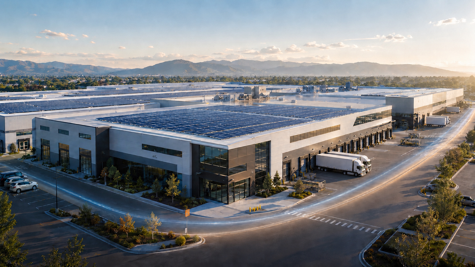 Modern manufacturing facility with rooftop solar panels, loading docks, delivery trucks, and subtle Sabio-style energy trails.