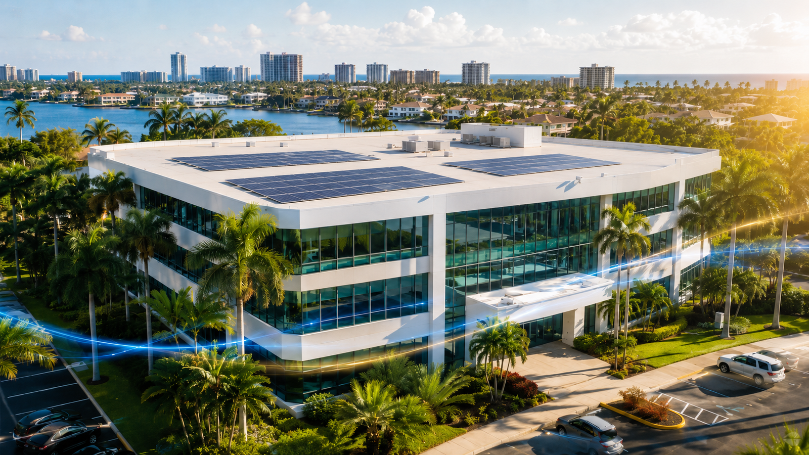 Modern Florida office building with rooftop solar panels, palm trees, coastal skyline, and subtle Sabio-style energy trails.