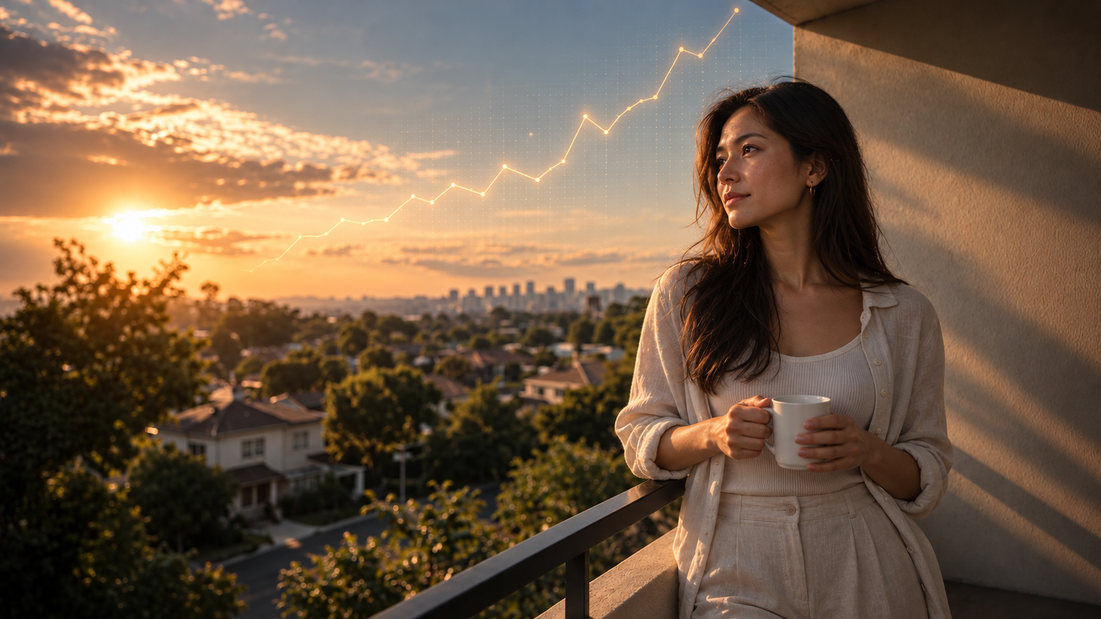 Home sunset balcony with rising graph