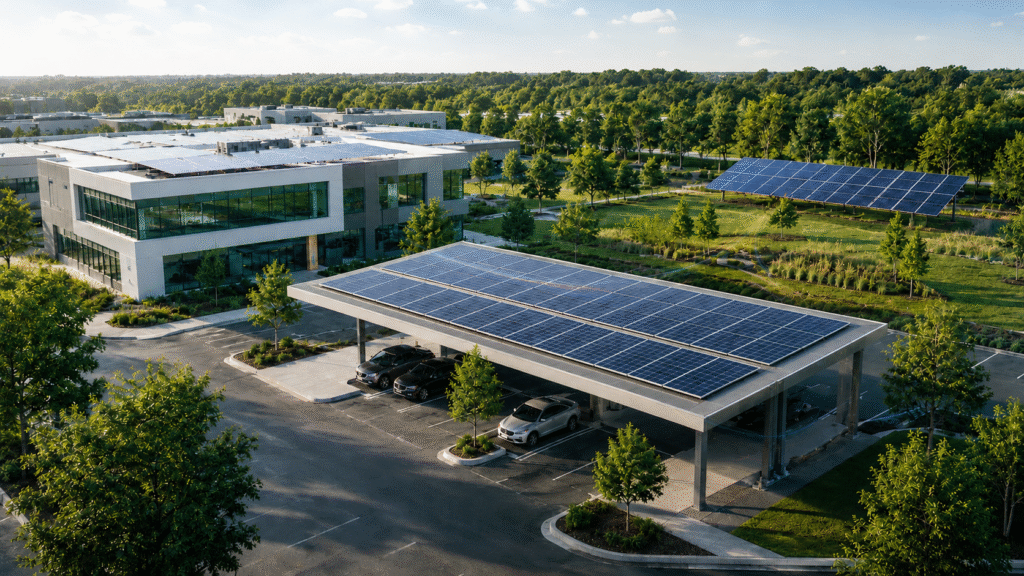 Modern commercial campus with solar panels on a parking canopy, nearby office buildings, landscaped grounds, and subtle energy trails showing commercial solar readiness.