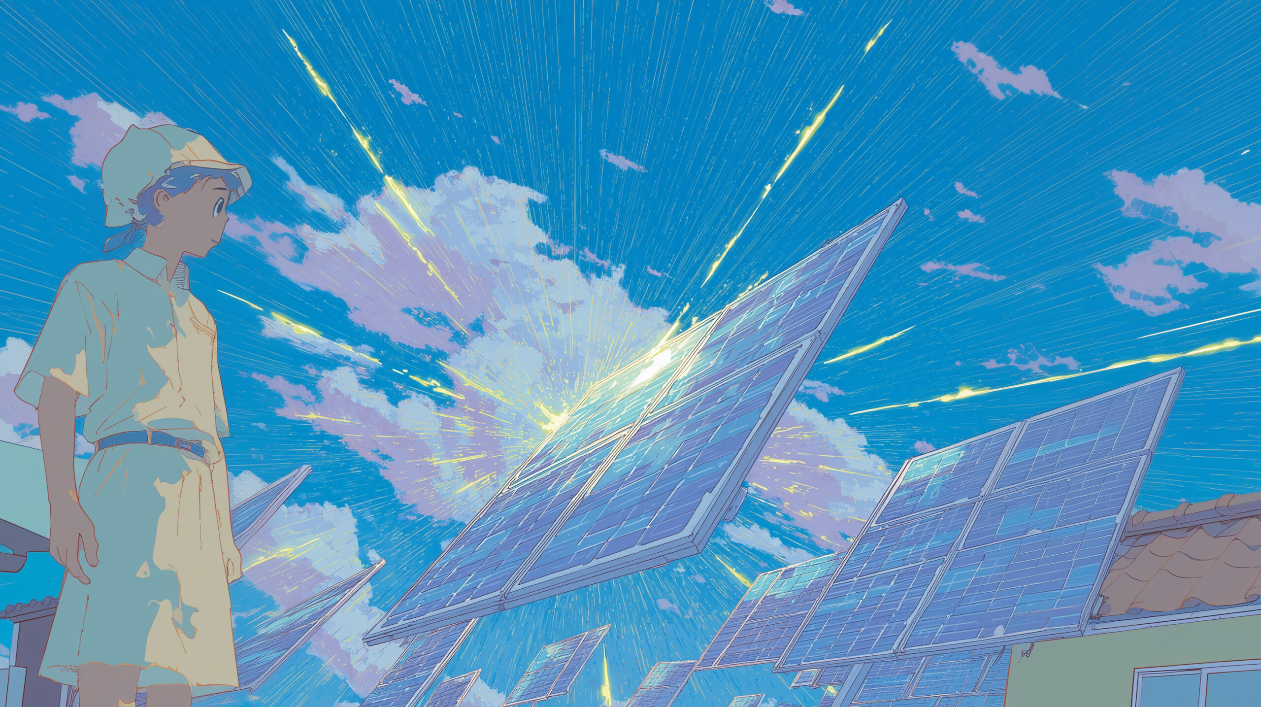 Home solar panels magic rays anime style