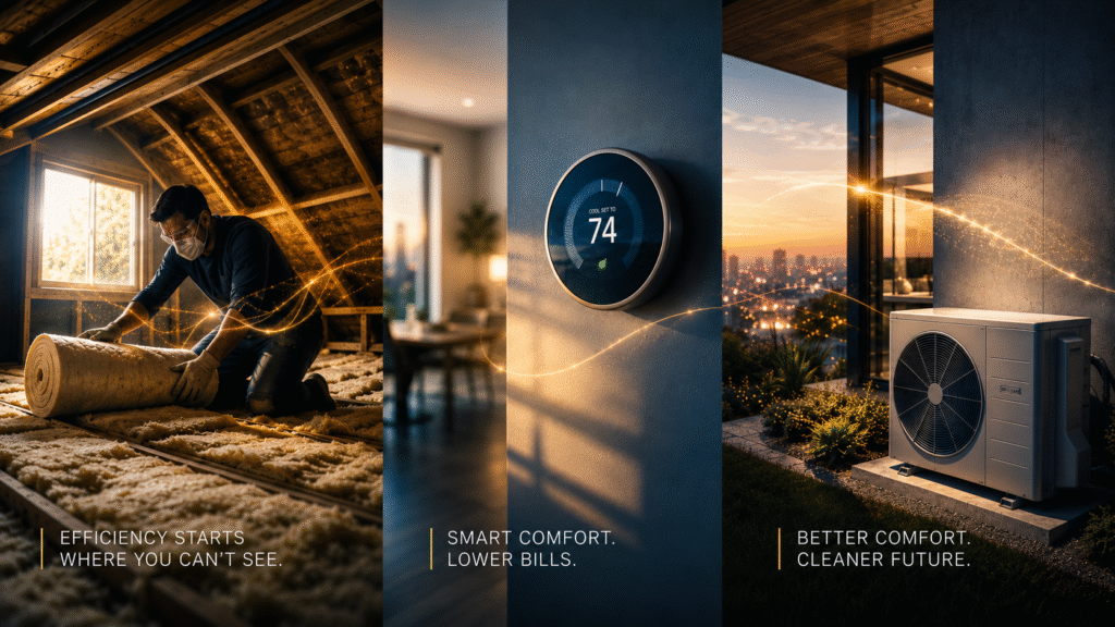 Stop Heating the Outdoors: The Home Upgrade Nobody Sees (But Everyone Feels) man installing insulation thermostat