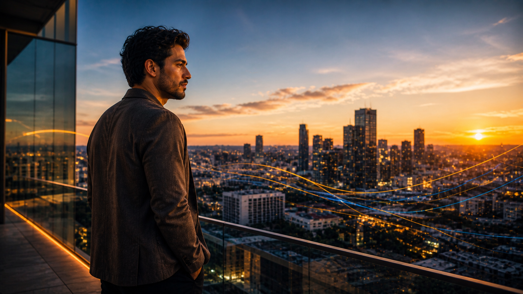 man standing rooftop terrace city skyline sunset