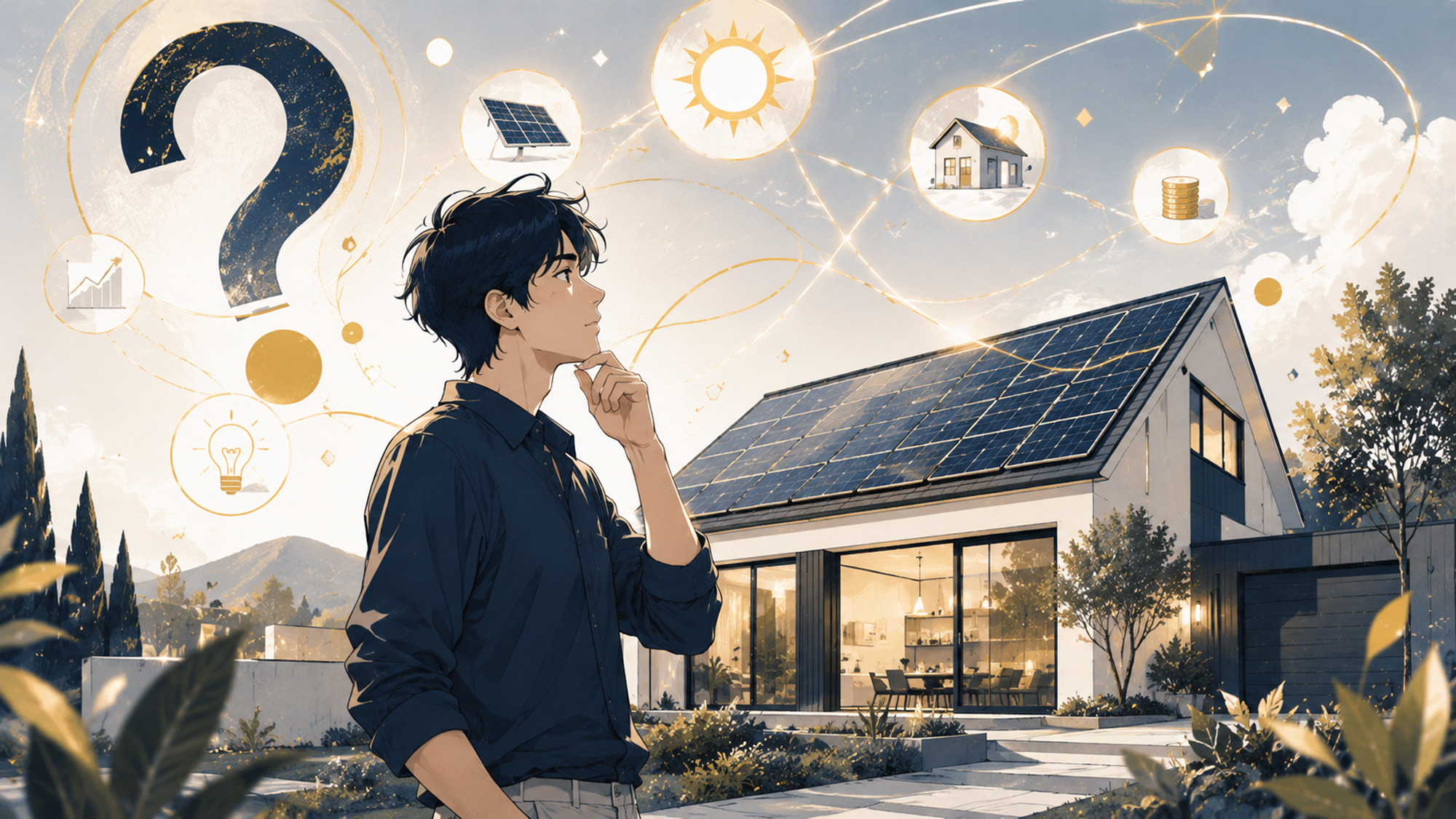 manga anime illustration of man contemplating solar possibilities