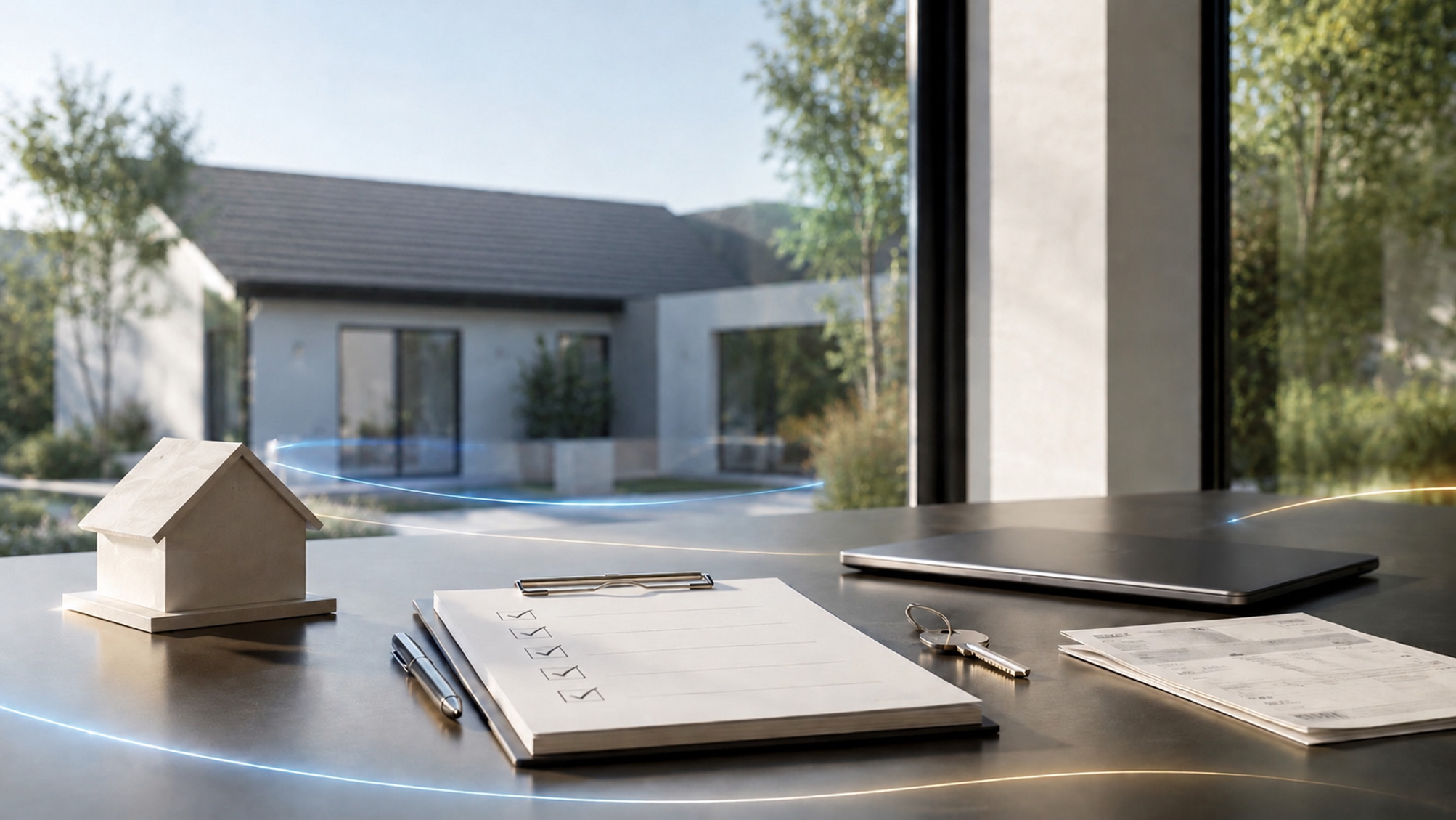 modern workspace with serene garden view checklist