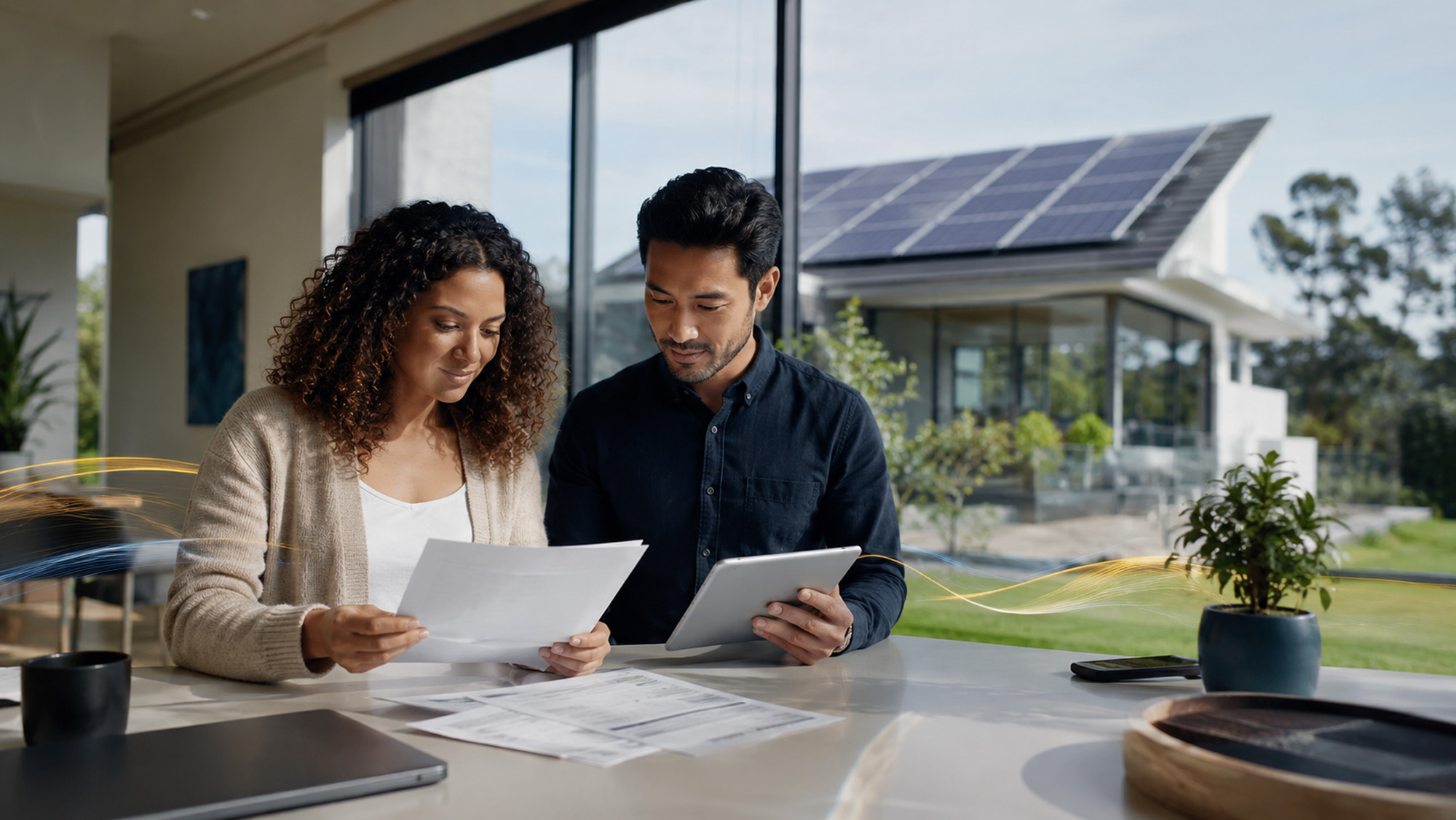 reviewing home plans in a modern space