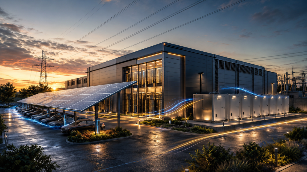 Modern data center at dusk with glowing server rooms, power lines, solar parking canopies, battery storage cabinets, and subtle energy trails.