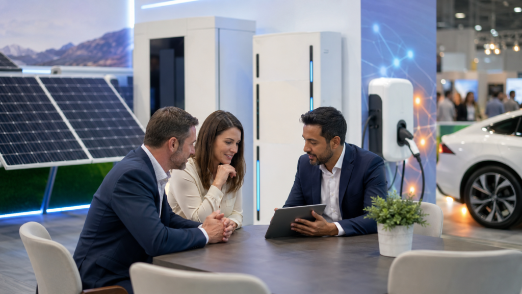 What Business Owners Can Learn From Clean Energy Conferences Business owners meet with an energy advisor at a clean energy expo, reviewing a tablet beside solar, battery storage, and EV charging displays.