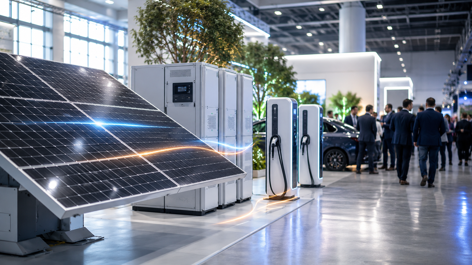 Home Premium clean energy expo scene featuring solar panels, battery storage units, EV charging technology, and professionals networking in a modern convention hall.