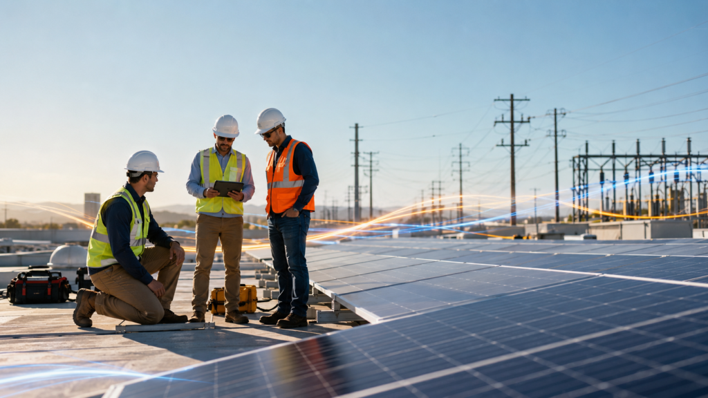 Commercial solar crew on a rooftop inspecting and preparing a solar panel installation.