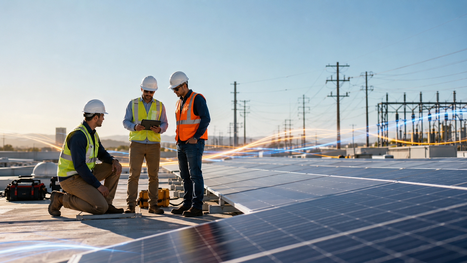 Home Commercial solar crew on a rooftop inspecting and preparing a solar panel installation.