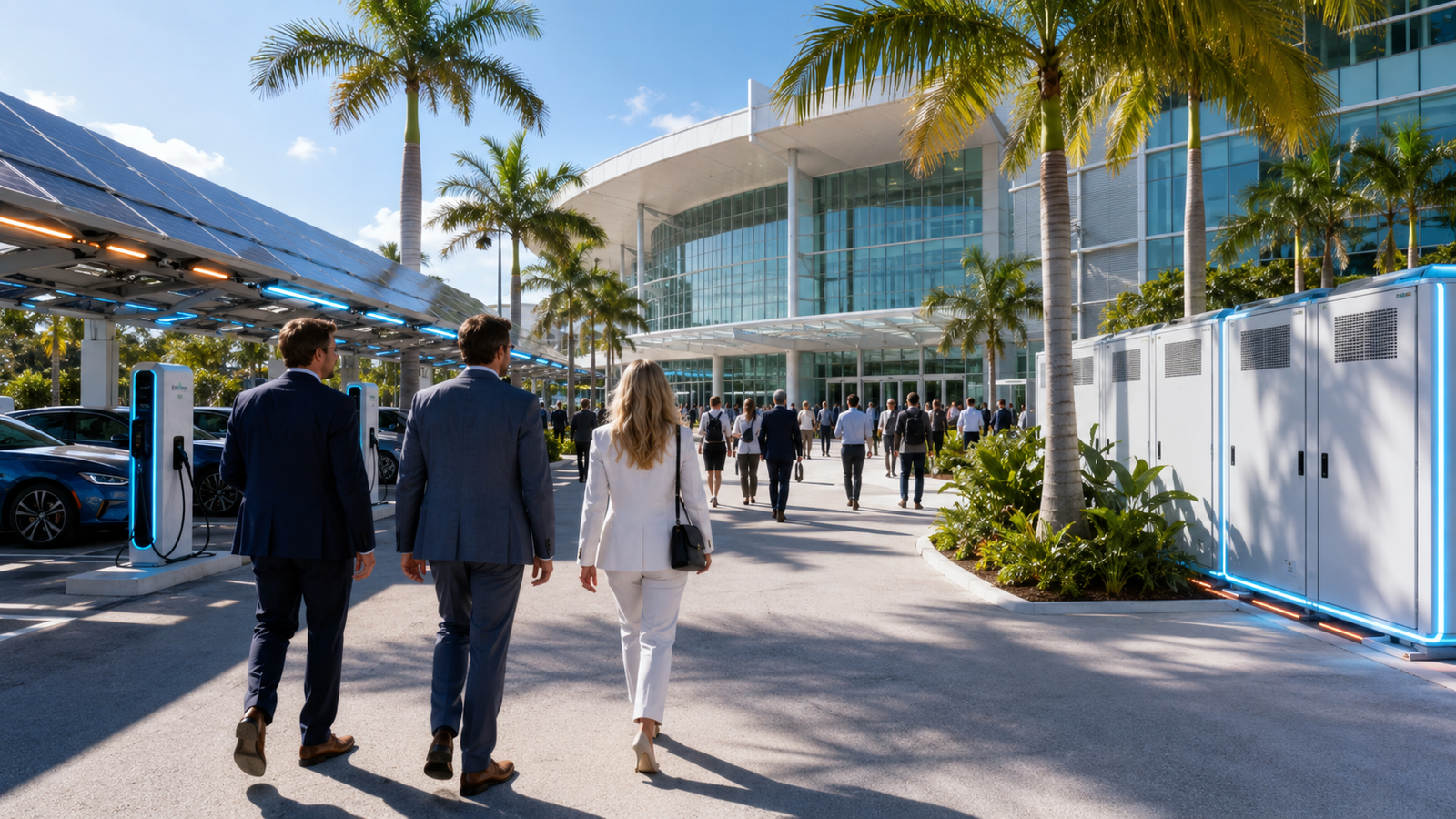 Home Business professionals walk toward a modern Florida clean energy expo venue surrounded by palm trees, solar parking canopies, EV chargers, and battery storage in bright daytime light.