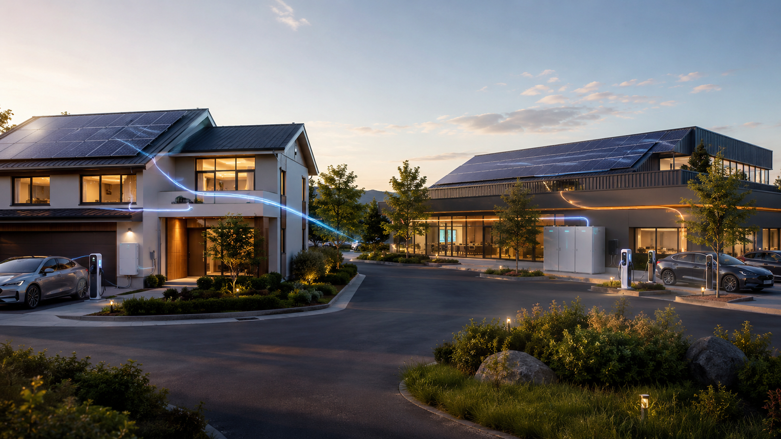 Solar, Batteries, and EV Charging Are Becoming One Connected Energy System Modern sustainable energy campus at golden hour with solar-integrated buildings, clean architecture, landscaped grounds, and a premium future-focused atmosphere.