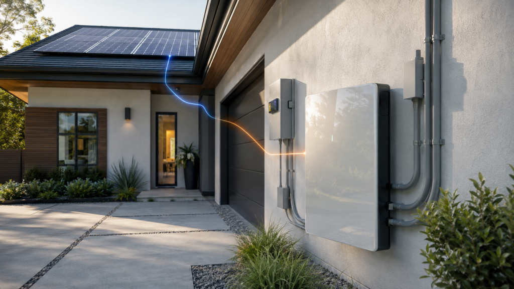 Modern home with rooftop solar panels and home battery storage system in a clean daytime residential setting