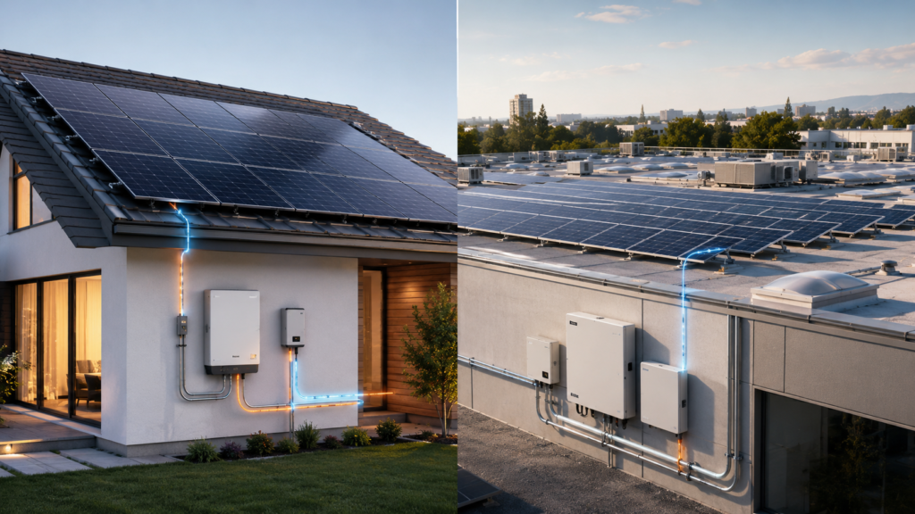 Comparison-style image showing residential rooftop solar on one side and commercial rooftop solar on the other, with visible inverter equipment and subtle energy accents.