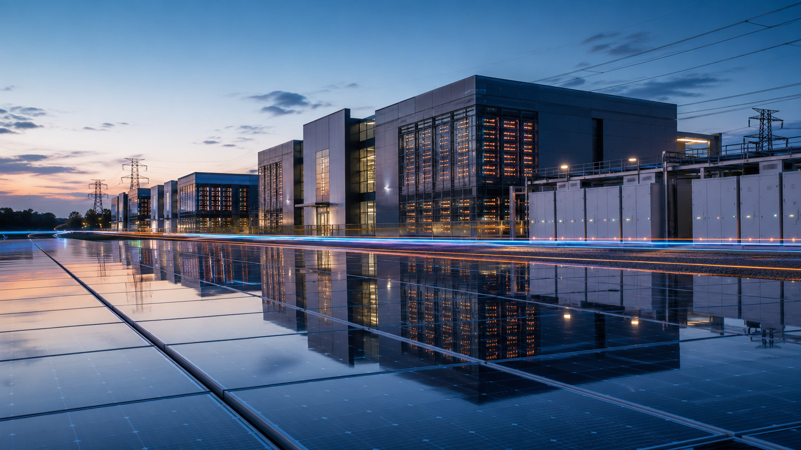 Home Close-up solar panels reflecting a modern AI data center campus with power lines and battery storage in the background at early evening.