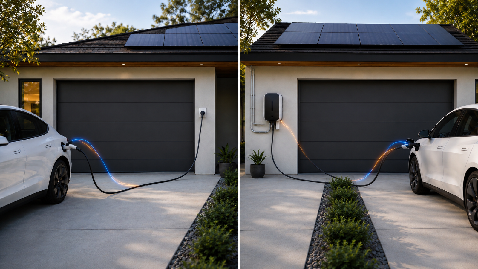 Split-screen style image of two modern residential garages with rooftop solar and electric vehicles charging in wide garage bays.