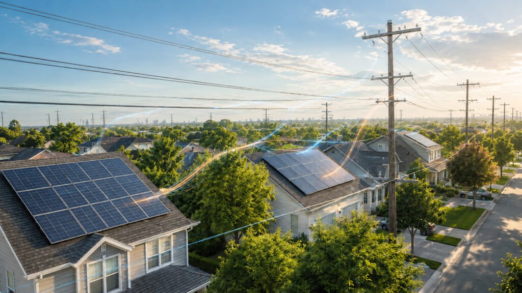Suburban neighborhood with rooftop solar panels, utility power lines, and subtle energy trails showing grid pressure and solar energy flow.