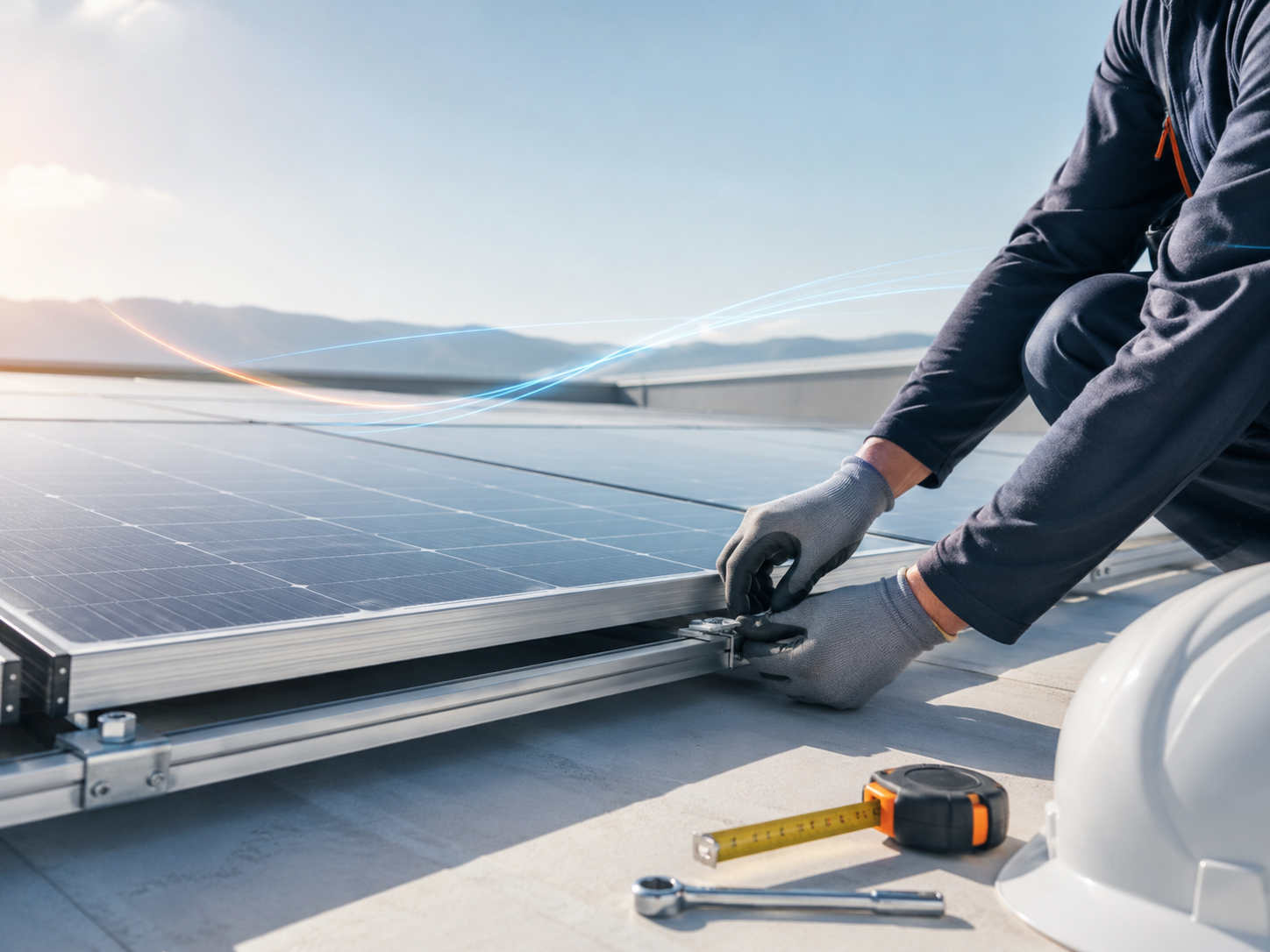 Solar technician installing a rooftop solar panel with tools and safety equipment in bright daylight.