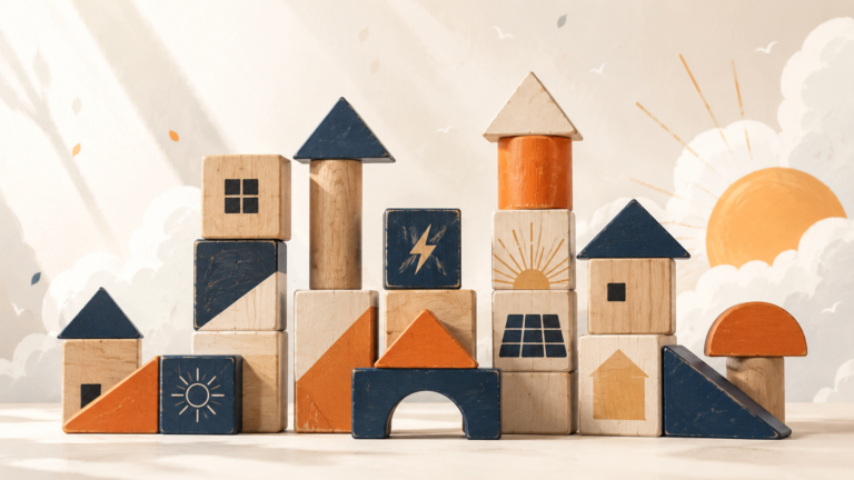 Vintage wooden building blocks arranged like a small solar-powered community with sun, house, solar panel, and lightning icons in Sabio-inspired colors.